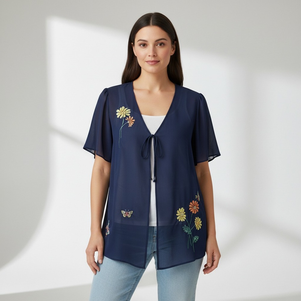 Vintage KSL Top 16W 16 Blue Sheer Floral Tie Short Sleeve Kimono 90s 80s Indie